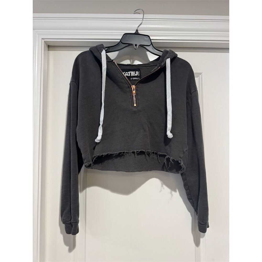 Katie J NYC Women's XS Gray Cropped Hoodie Half-Zip Drawstring Hood